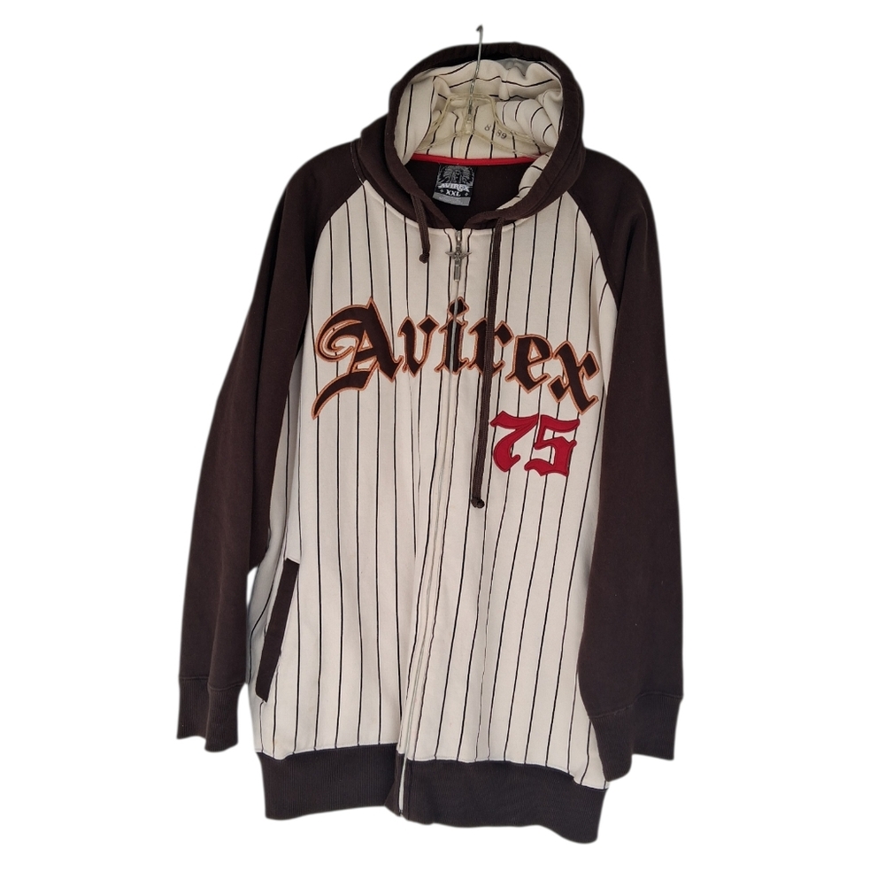 Avirex 75 Spellout Pinstripe Hoodie Jacket Mens Size 2XL White/Brown
